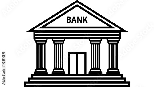 Black and white classical bank building icon vector with columns, steps and triangular roof featuring BANK text, simple finance institution silhouette for web and apps