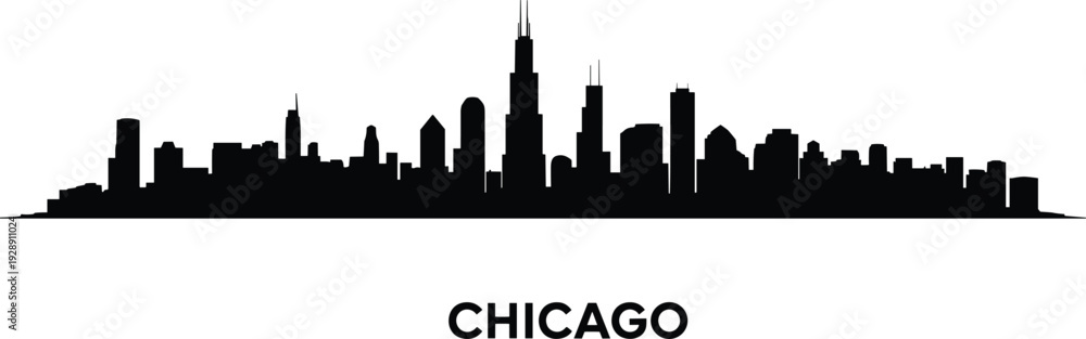 Fototapeta premium Chicago city skyline silhouette with iconic skyscrapers and urban architecture isolated on white background, modern downtown cityscape illustration for travel and business design.