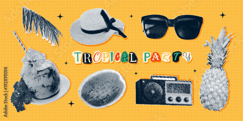 Retro tropical party collage set with coconut cocktail, sunglasses, hat, pineapple, watermelon, palm leaf, radio in halftone style. Summer beach vector illustration