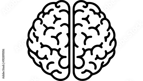 Black and white human brain icon vector illustration, symmetrical outline medical anatomy symbol for healthcare, neurology, psychology website, app, UI