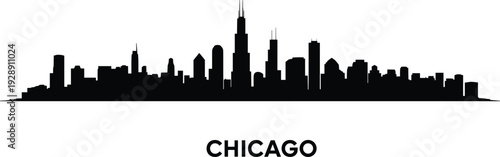 Chicago city skyline silhouette with iconic skyscrapers and urban architecture isolated on white background, modern downtown cityscape illustration for travel and business design.