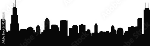 Chicago city skyline silhouette with iconic skyscrapers isolated on white background, detailed urban cityscape illustration for travel, architecture, tourism and branding design