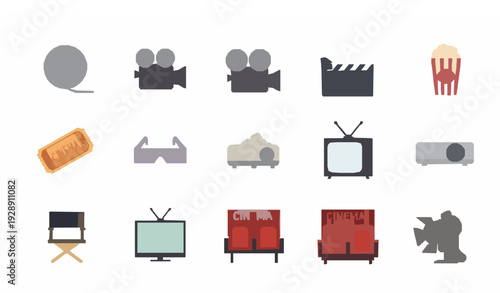 Cinema and Movie Flat Icon Set Film Video TV Theater Vector Collection on White Background