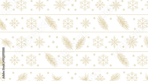 Gold snowflakes and pine branches form a repetitive, elegant pattern on a white background, conveying a festive and wintery feel.