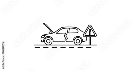Car Breakdown Roadside Assistance Line Icon Featuring Vehicle Warning Triangle Emergency Stop and Automobile Failure Concept Vector Illustration