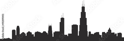 Chicago city skyline silhouette with iconic Willis Tower and downtown skyscrapers isolated on white background, modern urban cityscape illustration for travel, tourism, architecture