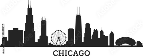 Chicago city skyline silhouette with Willis Tower, Navy Pier Ferris wheel and Cloud Gate isolated on white background, detailed urban cityscape illustration