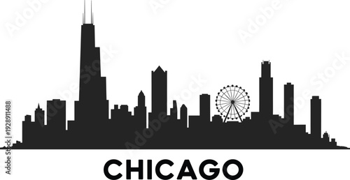 Chicago skyline silhouette featuring iconic skyscrapers and Navy Pier Ferris wheel isolated on white background, modern urban cityscape illustration for travel, tourism, and business design.