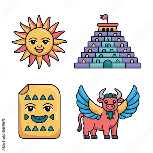 Ancient civilizations set with radiant sun face, stepped pyramid temple, carved stone idol and winged bull guardian for museum promotion