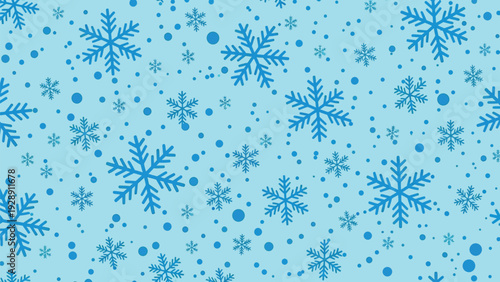 Blue snowflakes in varying sizes scattered on a light blue background, creating a pattern of wintery, festive, and serene visual effect.