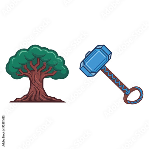 Viking heritage illustration featuring sacred tree and heroic hammer for midsummer cultural event, reenactment poster, folklore celebration, historical design assets