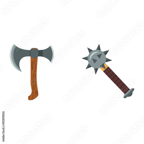Medieval battle weapon vector set with double bladed axe and spiked mace, fantasy war game icon, knight combat equipment design