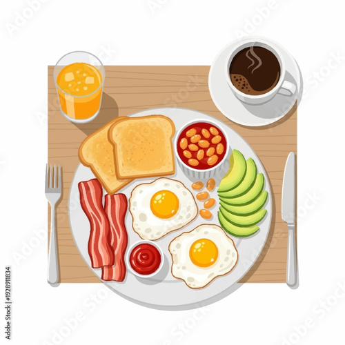A delicious full English breakfast with fried eggs, crispy bacon, toast, baked beans, sliced avocado, orange juice, and coffee on a wooden table.