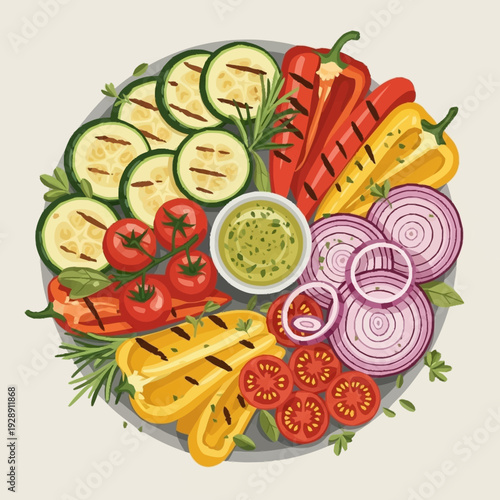 An overhead view of a vibrant platter of various grilled vegetables including zucchini, bell peppers, tomatoes, and red onions, served with a green dipping sauce.