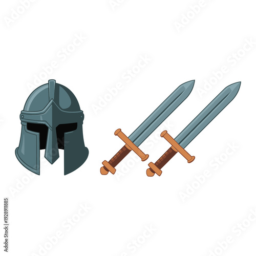 Medieval knight helmet with crossed swords, battle weapon vector illustration for history festival, tournament reenactment, fantasy war game design