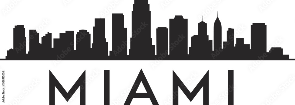 Naklejka premium Miami city skyline silhouette with modern skyscrapers and bold typography isolated on white background, minimalist urban cityscape illustration for travel, tourism, and business branding.