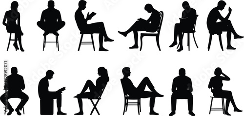 People Sitting on Chairs Reading Books Silhouettes Collection, Students Studying and Learning Concept Isolated on White Background Illustration Set