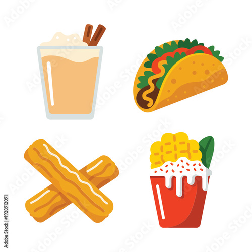 Mexican street food and drink vector set with horchata glass, taco, churros and fries, cinco de mayo party design