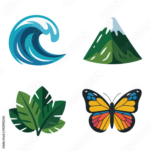 Travel nature icons with rolling ocean wave, green peak mountain, tropical leaf, bright butterfly for vacation poster, outdoor event design