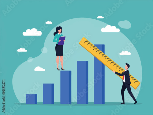 Business people measuring growth with giant ruler and clipboard on blue chart graph with clouds
