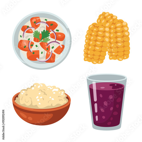 Peru national dish icon set with ceviche plate, corn cob, rice bowl and purple drink, restaurant menu design illustration