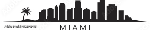 Miami city skyline silhouette with palm tree isolated on white background, modern urban cityscape illustration for travel, tourism, architecture and branding design