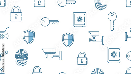 Security-themed pattern with blue icons on a white background, featuring locks, keys, safes, shields, cameras, and fingerprints, conveying protection.