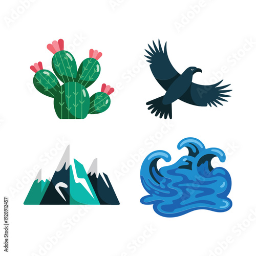 Desert cactus flying bird mountain peak and flowing river icons, nature landscape vector for adventure travel poster and eco tourism