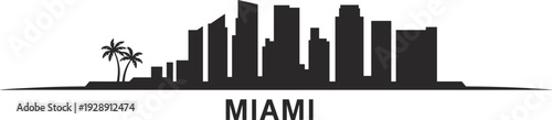 Miami city skyline silhouette with twin palm trees isolated on white background, modern tropical urban cityscape illustration for travel, tourism, branding design