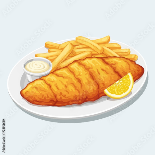 A plate of classic fish and chips with a lemon wedge and a side of tartar sauce.