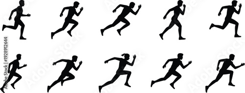 Running athlete silhouette set in sprint motion poses, male and female runner vector illustration isolated on white background sport concept