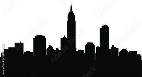 New York City skyline silhouette featuring iconic Empire State Building and modern skyscrapers isolated on white background, minimalist urban cityscape illustration for travel and branding design.