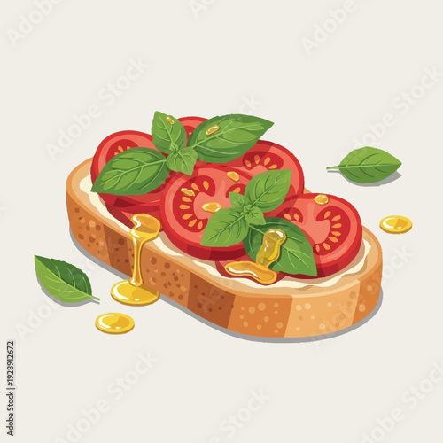 Illustration of a delicious bruschetta with fresh tomatoes, basil, and a golden drizzle on toasted bread.