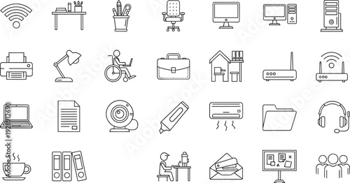 Home Office and Online Learning Line Icons Set with Computer Workspace Internet and Study Equipment