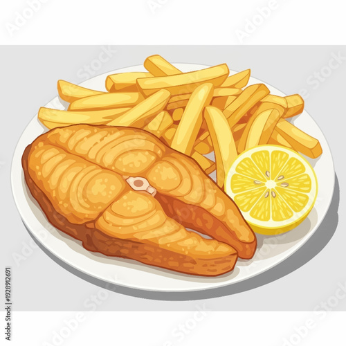 A delicious plate of golden-brown fried fish steak served with crispy french fries and a fresh lemon slice.