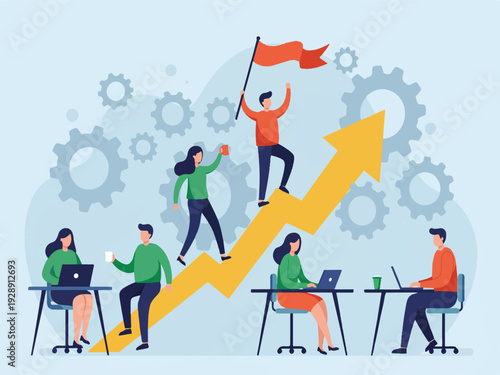 Business people working together to achieve success with upward trend arrow and gears in background  teamwork concept with office workers climbing up graph