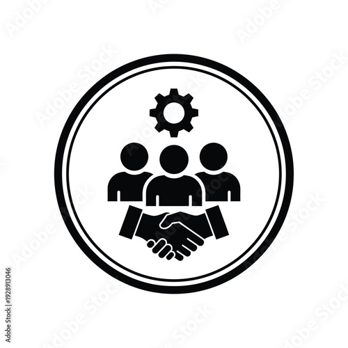 Vector illustration icon black and white icon of people shaking hands with a gear above them, symbolizing partnership and teamwork