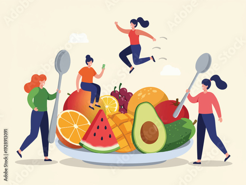 Cartoon women playing with fruits and spoons around big plate of fresh food  healthy eating and nutrition concept