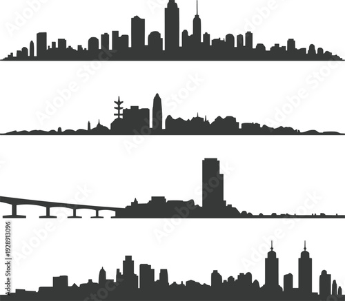 Set of modern city skyline silhouettes with bridges and skyscrapers isolated on white background, minimalist urban cityscape illustration collection for travel, tourism, and business design.