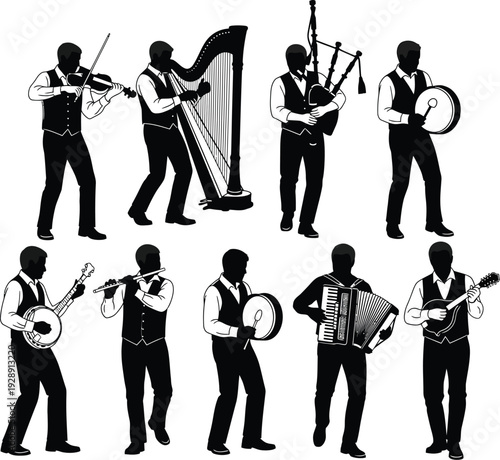 Scottish Folk Music Group - Silhouette of Musicians in Traditional Kilts Playing Bagpipes, Fiddles, Accordions, and Guitars for Festive Occasions