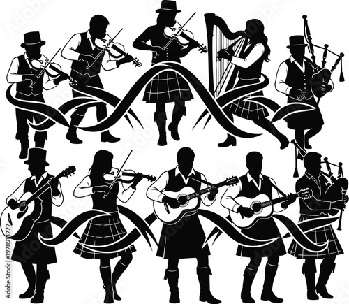 Scottish Celtic Music Band Silhouette - Diverse musicians in kilts playing traditional instruments, perfect for cultural festivals and events.