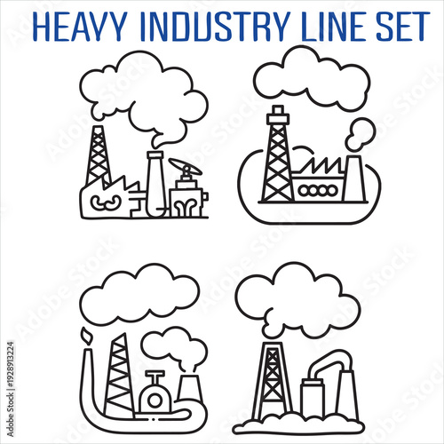 Heavy Industry Line Icon Set – Steel Plant, Oil Refinery and Industrial Equipment Outline Vector Collection