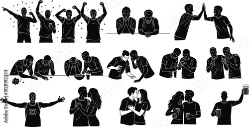 Diverse Emotions of Fans and Couples - Silhouette Set of Excited Fans, Sad Spectators, Kissing Couples, and Friends Enjoying Drinks