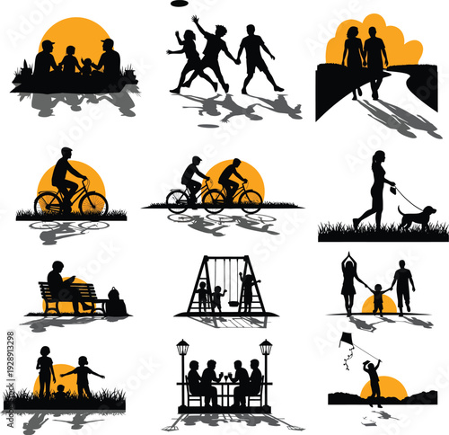 Vibrant Silhouettes of People Enjoying Various Outdoor Activities Against Sunny Orange Backdrops