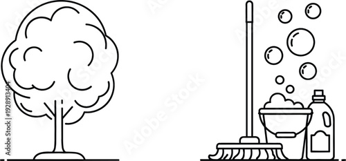 Tree and cleaning tools line icons vector illustration with nature symbol mop bucket bubbles and household hygiene concept isolated on white background