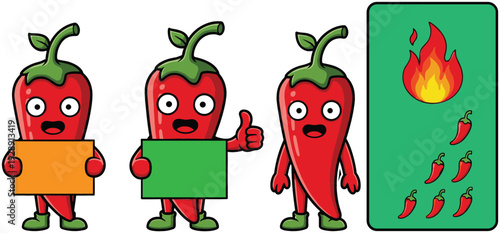 Cute chili pepper character vector set with cartoon mascots holding signs thumbs up spicy symbols and heat scale illustration isolated on white background