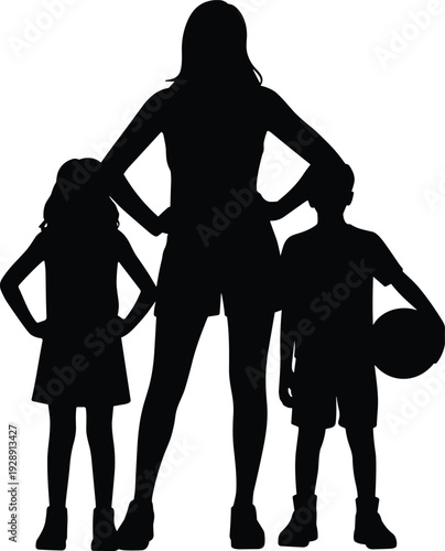 Silhouette of Mother with Two Children Standing Confidently, Family Protection and Support Concept Isolated on White Background, Strength, Care, Parenting