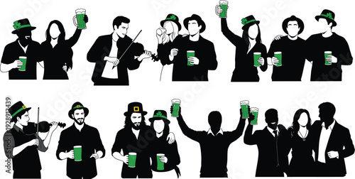St. Patrick's Day silhouettes featuring people toasting green beer, playing violin, and gathering in celebration of Irish culture and luck.