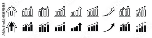 Growth icon set. Containing arrow up, growing graph, business chart icons. Vector illustration.