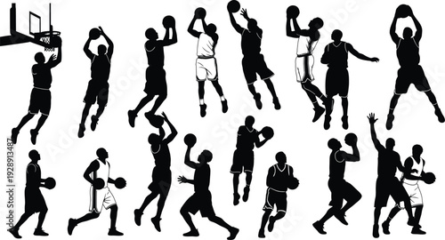 Action-packed silhouette set of basketball players during a game, showcasing dramatic jumps, shots, and intense plays against a white background.